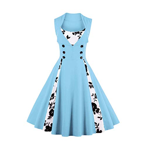 Elonglin Damen Cocktailkleid 1950er Vintage Faltenrock Hepburn Stil Partykleid Polka Dots Blume Elegant Kleid Mischfarbe Ohne Ärmel Blau Blume XL von Elonglin