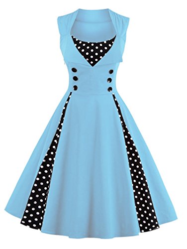 Elonglin Damen Cocktailkleid 1950er Vintage Faltenrock Hepburn Stil Partykleid Polka Dots Blume Elegant Kleid Mischfarbe Ohne Ärmel Hell Blau M von Elonglin