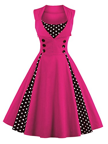 Elonglin Damen Cocktailkleid 1950er Vintage Faltenrock Hepburn Stil Partykleid Polka Dots Blume Elegant Kleid Mischfarbe Ohne Ärmel Rosa XXL von Elonglin