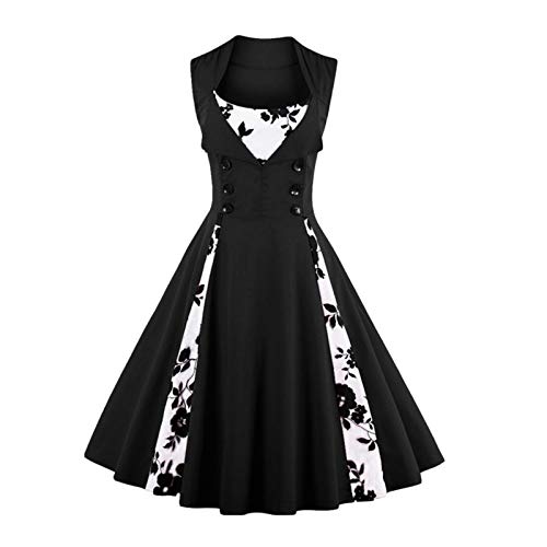Elonglin Damen Cocktailkleid 1950er Vintage Faltenrock Hepburn Stil Partykleid Polka Dots Blume Elegant Kleid Mischfarbe Ohne Ärmel Schwarz Blume XL von Elonglin