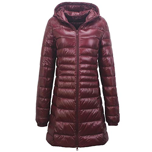 Elonglin Damen Daunenjacke Ultraleichter Mittellange Kapuze Winter Mantel Plus Size Dunkelrot 4XL von Elonglin