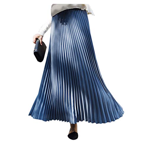 Elonglin Damen Faltenrock Sommer Lange Rock Hohe Taille Plissee Unifarben Freizeit Skirt Ol Blau Grau One Size von Elonglin