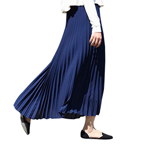 Elonglin Damen Faltenrock Sommer Lange Rock Hohe Taille Plissee Unifarben Freizeit Skirt Ol Marine Blau One Size von Elonglin