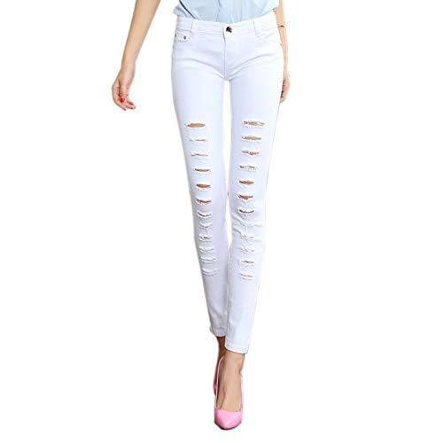 Elonglin Damen Jeans Jeanshose Frauen Skinny Dünn Bleistift Hosen Denim Zerrissen Löcher Stretch Lange Casual Weiß Waist 25.1''/XS von Elonglin