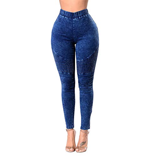 Elonglin Damen Jeggings Jeans Einfarbig Jeanshose Skinny Butt Lift Hip Frauen Strecken Bleistift Hosen High Waist Crinkle Dunkel Blau Taille 30-31 inch/Asie L von Elonglin