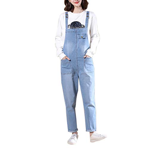 Elonglin Damen Latzhose Locker Große Größen Lange Hosen Freizeithose Jeans Denim Hell Blau XS von Elonglin