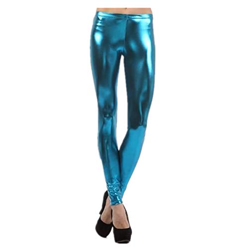 Elonglin Damen Leggings Hose Freizeit Metallic Glanz Party Nachtclub Kunstleder High Waist Skinny Grün Blau One Size von Elonglin