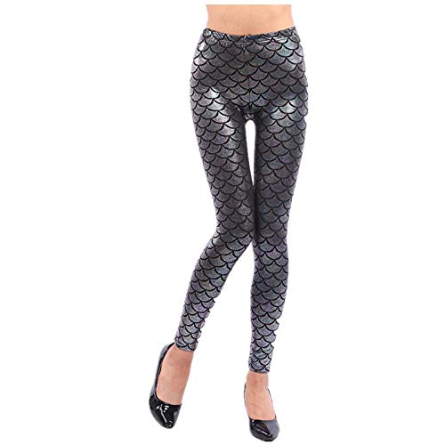 Elonglin Damen Leggings Sexy Mermaid Meerjungfrau Glanz Leggings Fisch Schuppen Scale Glänzend Strumpfhose Hose Frau Pants Blau Grau DE M(Asie XL) von Elonglin