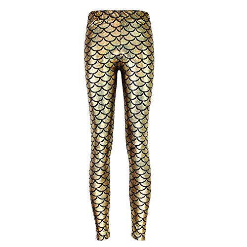 Elonglin Damen Leggings Sexy Mermaid Meerjungfrau Glanz Leggings Fisch Schuppen Scale Glänzend Strumpfhose Hose Frau Pants Gold DE M(Asie XL) von Elonglin