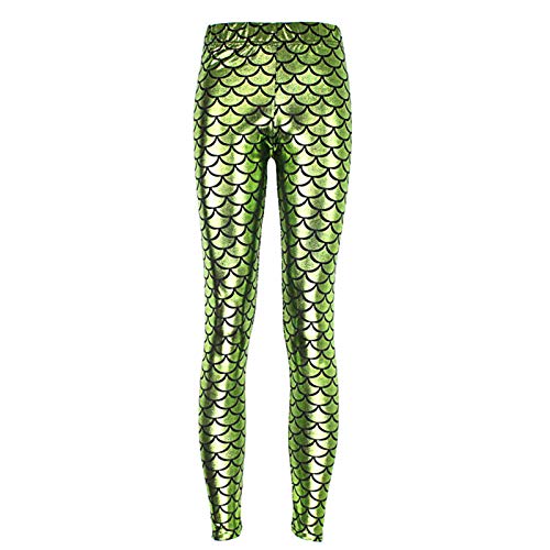 Elonglin Damen Leggings Sexy Mermaid Meerjungfrau Glanz Leggings Fisch Schuppen Scale Glänzend Strumpfhose Hose Frau Pants Hell Grün DE L(Asie XXL) von Elonglin