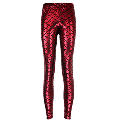 Elonglin Damen Leggings Sexy Mermaid Meerjungfrau Glanz Leggings Fisch Schuppen Scale Glänzend Strumpfhose Hose Frau Pants Rot DE XS(Asie M) von Elonglin