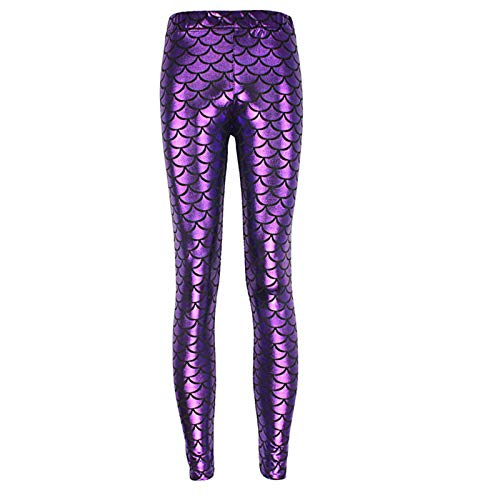 Elonglin Damen Leggings Sexy Mermaid Meerjungfrau Glanz Leggings Fisch Schuppen Scale Glänzend Strumpfhose Hose Frau Pants Violett DE M(Asie XL) von Elonglin