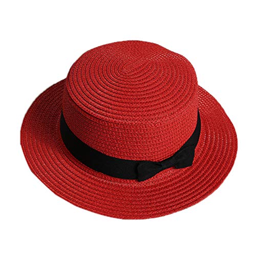 Elonglin Damen Mädchen Jungen Flacher Hut Schleife Strohhut Strand Sonnenhüte atmungsaktiv schnell trocknend Sommer im Urlaub Rot Kinder-Modell von Elonglin
