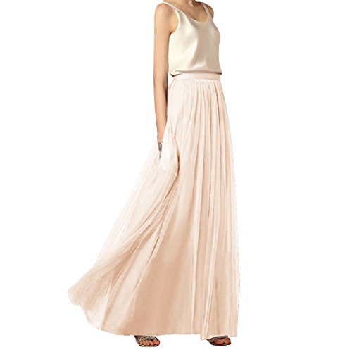 Elonglin Damen Mädchen Maxirock Skirt Hoher Bund A-Linie Plissee Lang Mesh Röcke Ivory B 38 von Elonglin