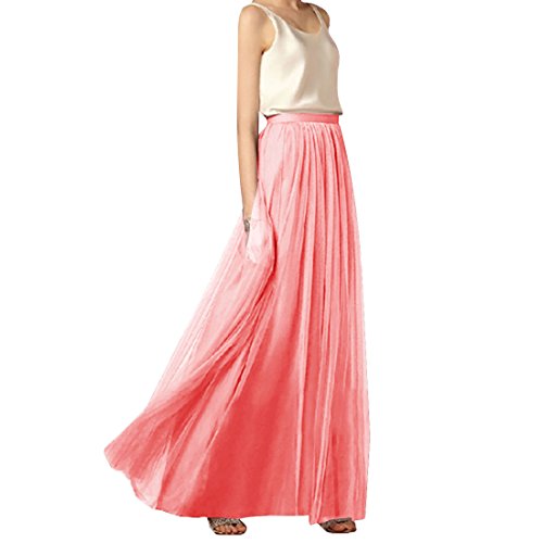 Elonglin Damen Mädchen Maxirock Skirt Hoher Bund A-Linie Plissee Lang Mesh Röcke Peach B 38 von Elonglin