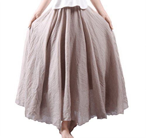 Elonglin Damen Mädchen Retro Rock Strandrock Chinoiserie Leinen Einfarbig Röcke Freizeitrock Bodenlange Sommer Herbst Leicht Beige M (Länge-95CM) von Elonglin
