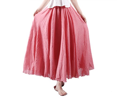 Elonglin Damen Mädchen Retro Rock Strandrock Chinoiserie Leinen Einfarbig Röcke Freizeitrock Bodenlange Sommer Herbst Leicht Hell Rot S (Länge-85CM) von Elonglin