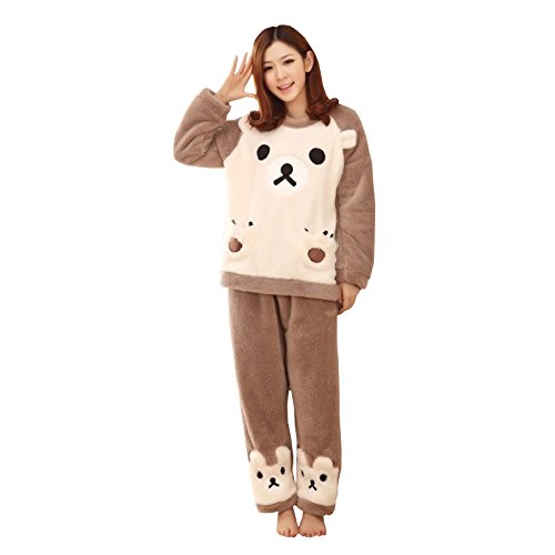Elonglin Damen Mädchen Schlafanzug Zweiteilig Cartoon Bär Cosplay Overall Nachtwäsche Nacht Party Dick Warm Winter Herbst Hellbraun(Weiß Bär) Asie XL (165-170 cm 55.5-62.5KG) von Elonglin