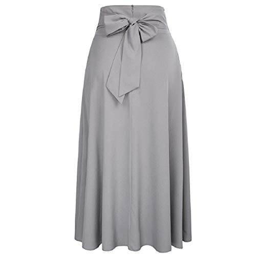 Elonglin Damen Midi Rock Skirt Hoher Bund A-Linie Plissee Lang Kilt Schlauch Tellerrock Schleife Grau XXS von Elonglin