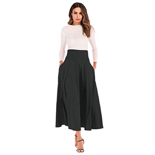 Elonglin Damen Midi Rock Skirt Hoher Bund A-Linie Plissee Lang Kilt Schlauch Tellerrock Schleife Schwarz XXS von Elonglin