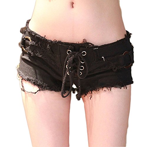 Elonglin Damen Mini Shorts Zerrissene Hot Strand Kurze Hose Clubwear Schnüren Jeans Sehr tiefer Bund Schwarz DE XS (Asie M) von Elonglin