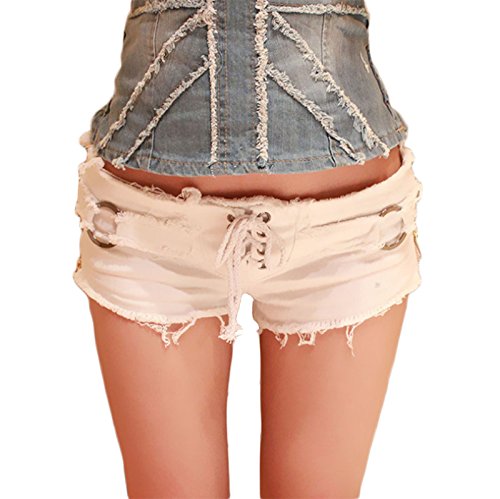 Elonglin Damen Mini Shorts Zerrissene Hot Strand Kurze Hose Clubwear Schnüren Jeans Sehr tiefer Bund Weiß DE XS (Asie M) von Elonglin