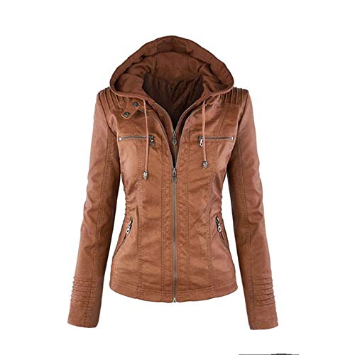 Elonglin Damen Mode Lederjacke Kunstleder Einfarbig Reißverschluss Kapuzenjacken Freizeit Slim Cool Jacken Herbst Mantel Braun DE L(Asie XL) von Elonglin