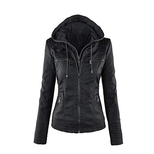 Elonglin Damen Mode Lederjacke Kunstleder Kurze Jacke Einfarbig Gekippter Reißverschluss Freizeit Slim Cool Jacken Herbst Mantel Schwarz DE S(Asie L) von Elonglin