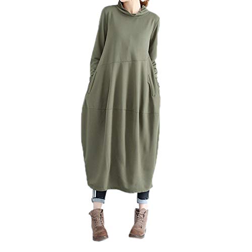 Elonglin Damen Retro Kleider Ballon Tulpenkleid Langarm Tunika Baggy Loose Fit Casual Armee Grün L von Elonglin