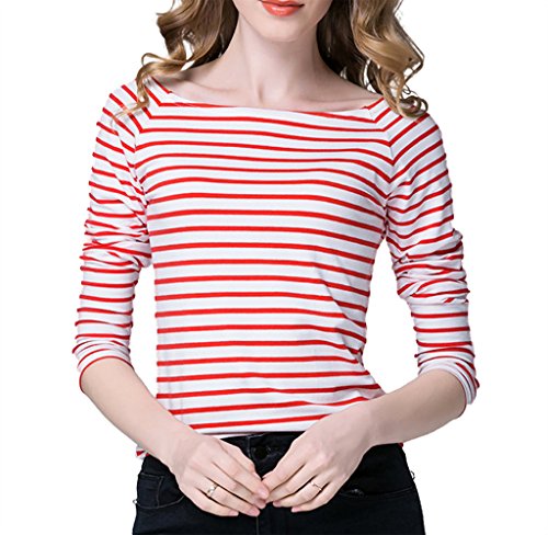 Elonglin Damen Retro Langarmshirts Gestreift Boot-Ausschnitt Kontrastfarbe Slim Fit Baumwolle Casual Tops Rot DE M (Asie XXL) von Elonglin