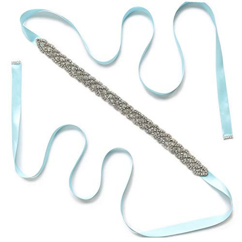 Elonglin Damen Strass Brautgürtel Hochzeit Braut Schärpe Rhinestones Gürtel mit Satin Band Handgemachter Funkelnde Elegant Blau b 270 * 2 cm(L*B) von Elonglin