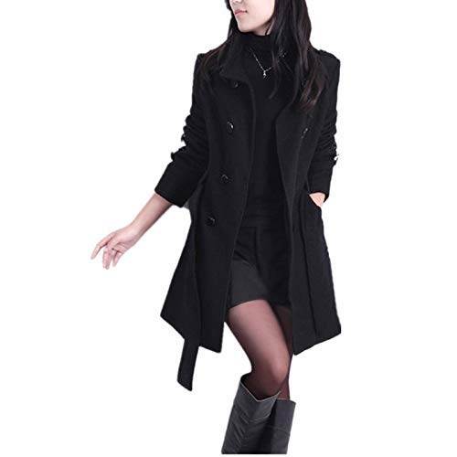 Elonglin Damen Trench Wolljacke Winter Herbst mantel Trenchcoat Zweireiher mit Gürtel Schwarz DE XXS (Asie M) von Elonglin