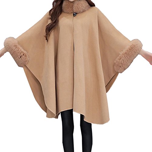 Elonglin Damen Umhang Mantel Kunstpelz Midi Knielange Poncho EIN Knopf Winterjacke einfach Lose Einfarbig Cape Cardigan Leicht tan Asie L (52.5-60KG) von Elonglin