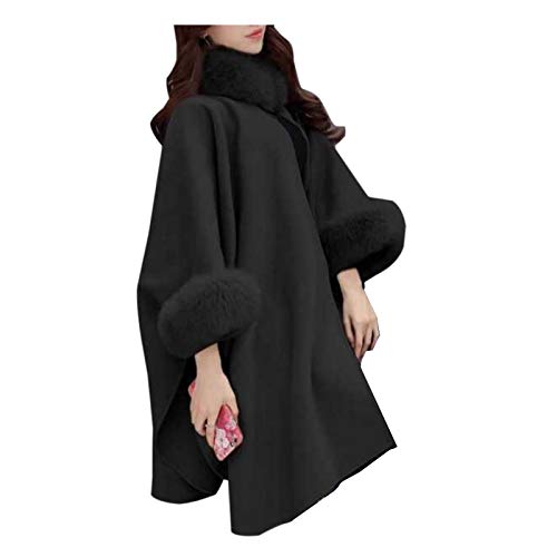 Elonglin Damen Umhang Mantel Kunstpelz Midi Knielange Poncho ein Knopf Winterjacke einfach Lose Einfarbig Cape Cardigan (Asie S(40-45KG), Schwarz) von Elonglin