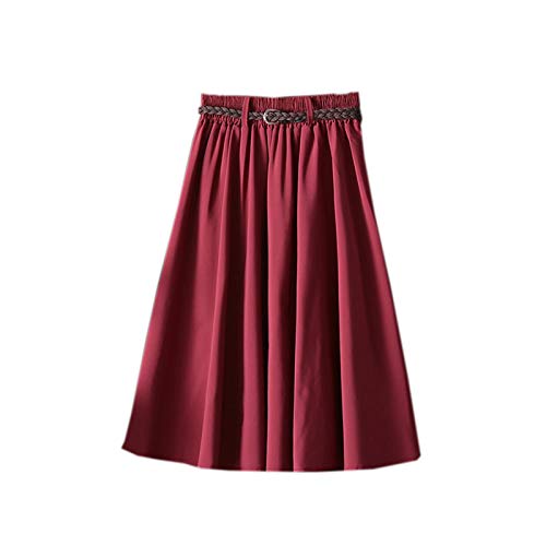 Elonglin Damen Vintage A-Linie Rock Sommer High Waist Lässig Skirt Knielang Gummizug mit Gürtel Dunkel Rot Gürtel One Size von Elonglin