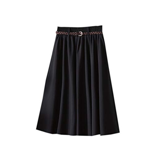 Elonglin Damen Vintage A-Linie Rock Sommer High Waist Lässig Skirt Knielang Gummizug mit Gürtel Schwarz Gürtel One Size von Elonglin