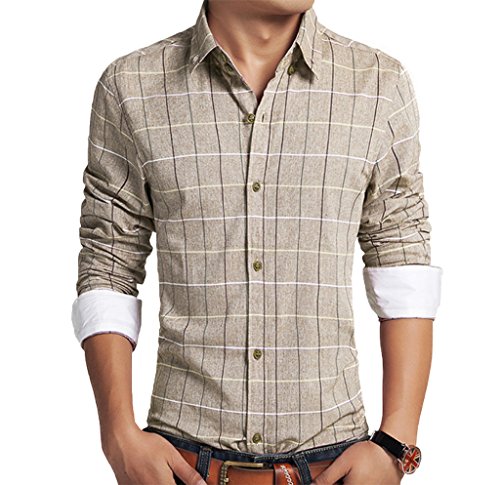 Elonglin Herren Business Freizeit Baumwolle kariert Langarm Hemden Herrenhemd Khaki DE XL (Asien 4XL) von Elonglin