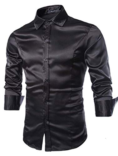 Elonglin Herren Casual Slim Charme Solide Farbe Anzug Hemd Langarm Top Bluse Dance Kleid Hemd Leicht Bügeln Kunstleder Satin, Schwarz , XS von Elonglin