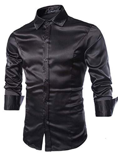 Elonglin Herren Casual Slim Charme Solide Farbe Kostüm Hemd Langarm Top Bluse Dance Kleid Hemd leicht Bügeln Kunstleder Satin, Schwarz , XS von Elonglin