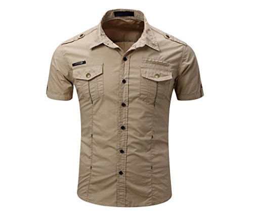 Elonglin Herren Hemd Kurzarm Sommer Freizeithemd Outdoors Mit Knöpfen Einfarbig Slim Fit Baumwolle Casual Khaki DE S(Asie M) von Elonglin