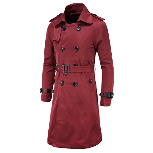 Elonglin Herren Herbst Winter Lange Mantel mit Gürtel Trenchcoat Zweireiher Slim Fit Weinrot DE XL (Asien XXXL) von Elonglin