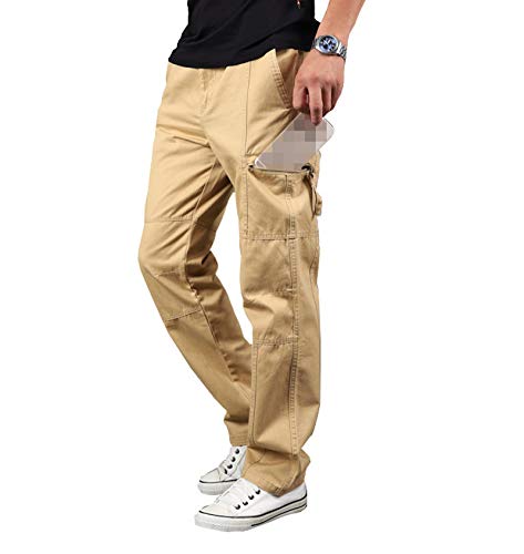 Elonglin Herren Jungen Cargo Hose Lässig Lange Cargopants Freizeit Outdoors Sommer Dünn Khaki DE 52 (Asie 3XL): Taille 97-102cm(38-40 inch) von Elonglin