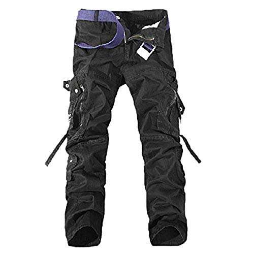 Elonglin Herren Jungen Cargo Hose Lange Einfarbig Freizeithosen Sport Multi Taschen Lose (ohne Gürtel) Shwarz DE 40(Asie 42) von Elonglin