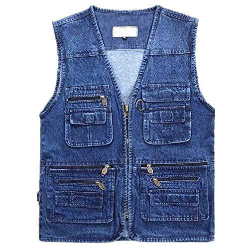 Elonglin Herren Jungen Jeansweste Denim Weste Freizeit Sport Vintage Multi-Tasche Outdoors Casual Blau 3XL von Elonglin