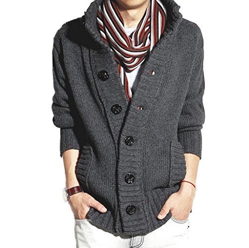 Elonglin Herren Lässig Stylische Strickjacke Cardigan Stehkragen Einfarbig Dunkelgrau DE L (Asien XXL) von Elonglin