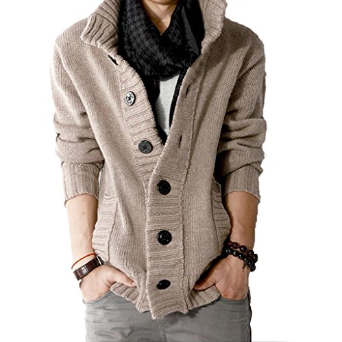 Elonglin Herren Lässig Stylische Strickjacke Cardigan Stehkragen Einfarbig Khaki DE L (Asien XXL) von Elonglin