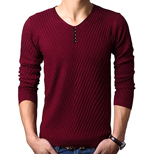 Elonglin Herren Pullover Zopfmuster Feinstrick V-Ausschnitt Langarm Einfarbig Weinrot DE XS (Asien M) von Elonglin