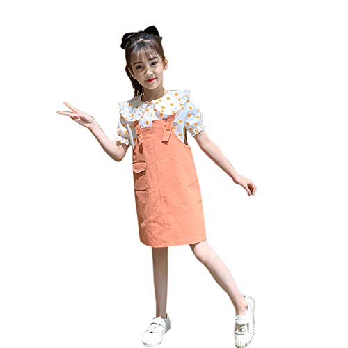 Elonglin Kinder Mädchen Bekleidungssets Gepunktet T-Shirts mit Rock mit Hosenträger Casual Orange 146-152 von Elonglin