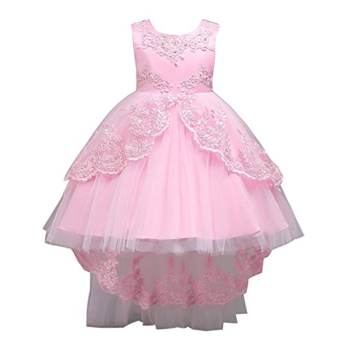 Elonglin Mädchen Kinder Kleid Spitzenkleid Cocktailkleid ärmellos Asymmetrisch Schleppen Paillette Strassstein Schleife Einfarbig Pink Asie 130 von Elonglin