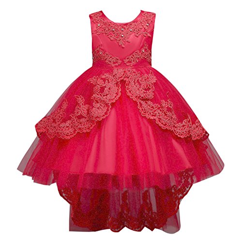 Elonglin Mädchen Kinder Kleid Spitzenkleid Cocktailkleid ärmellos Asymmetrisch Schleppen Paillette Strassstein Schleife Einfarbig Rot Asie 150 von Elonglin
